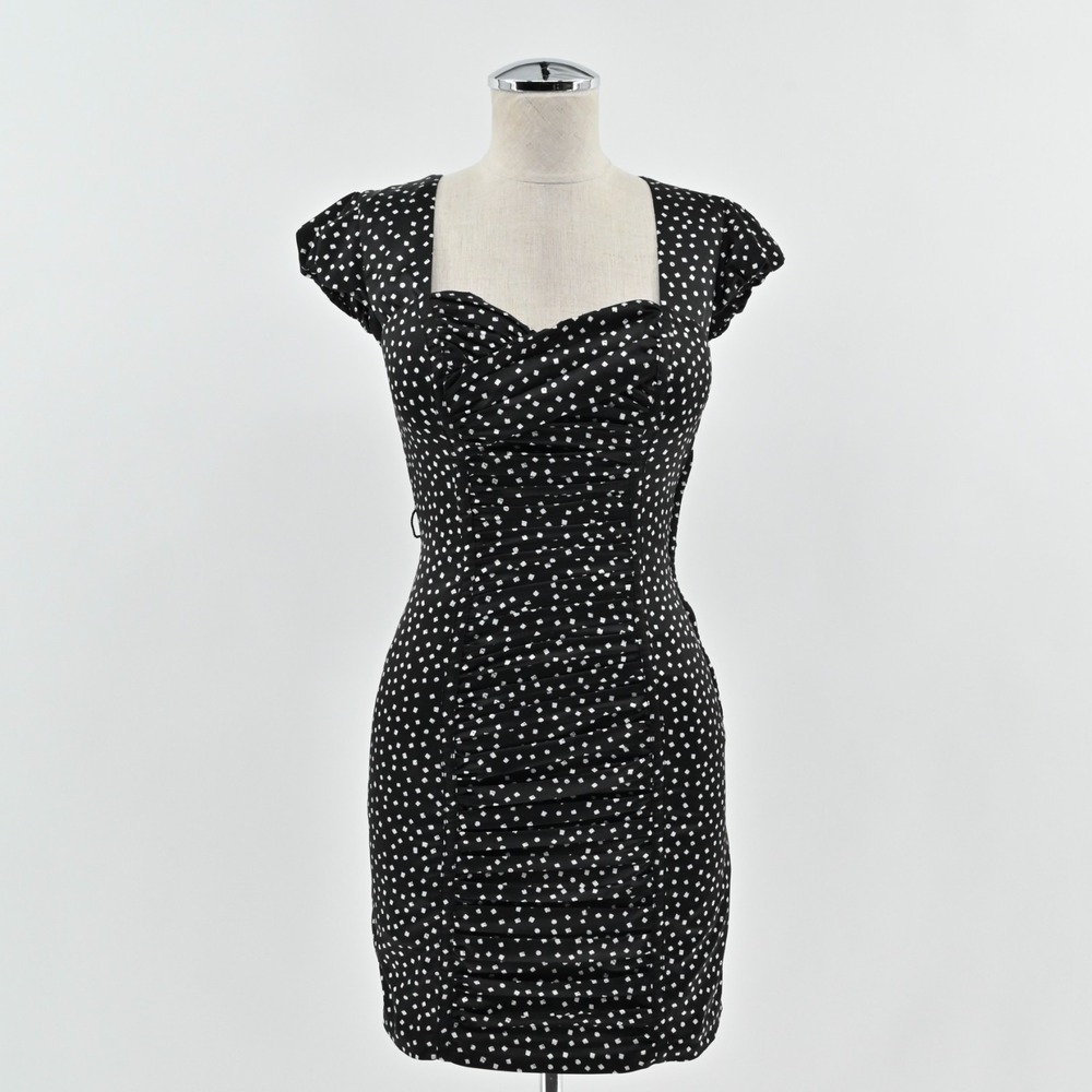 Vtg Y2k Guess Pin Up Dress Size 0 Rockabilly‎ Polka Dot Retro Black White Ruched